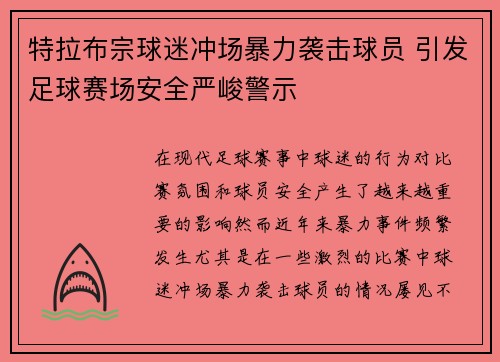 特拉布宗球迷冲场暴力袭击球员 引发足球赛场安全严峻警示 特拉布宗球迷冲场暴力袭击球员 引发足球赛场安全严峻警示